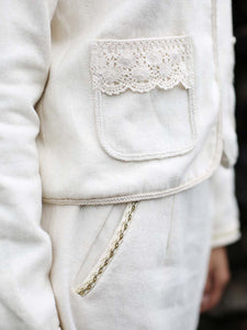 close up view of the lace details on the pockets of the Short coat, designed by Khumanthem Atelier