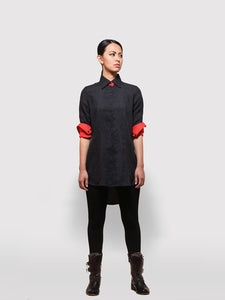 Reversible Black and Red Shirt Dress made from handwoven mulberry silk designed by Khumanthem Atelier