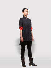 Load image into Gallery viewer, View of model wearing Reversible Black and Red Shirt Dress made from handwoven mulberry silk designed by Khumanthem Atelier