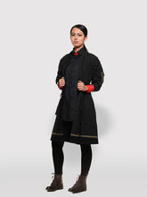 Load image into Gallery viewer, Double Belt Pleated overcoat with black and golden stripes designed by Khumanthem Atelier