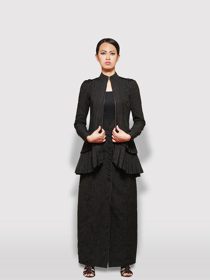 Black and gold stripe tiered jacket designed by Khumanthem Atelier