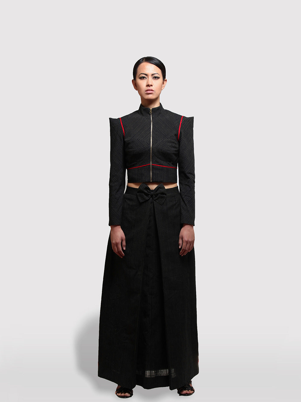 Cropped Pinstripe Jacket with matching box pleated maxi skirt, handmade clothing designed by Khumanthem Atelier