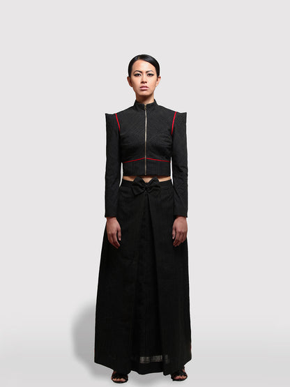 Cropped Pinstripe Jacket with matching box pleated maxi skirt, handmade clothing designed by Khumanthem Atelier