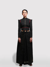 Load image into Gallery viewer, Cropped Pinstripe Jacket with matching box pleated maxi skirt, handmade clothing designed by Khumanthem Atelier