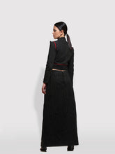 Load image into Gallery viewer, Side view of Cropped Pinstripe Jacket with matching box pleated maxi skirt