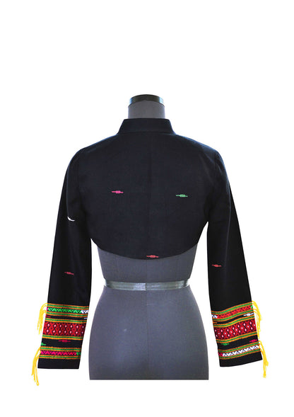Back view of hanger shoot of Handwoven traditional motif Long sleeves shrugs with Extra Weft designed by Khumanthem Atelier