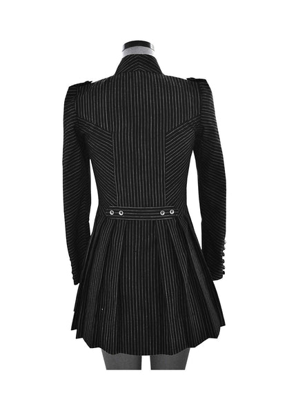 Back view of hanger shoot of Black and gold stripe tiered jacket designed by Khumanthem Atelier