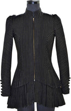 Load image into Gallery viewer, Front view of hanger shoot of Black and gold stripe tiered jacket designed by Khumanthem Atelier