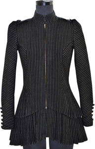 Front view of hanger shoot of Black and gold stripe tiered jacket designed by Khumanthem Atelier