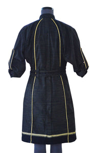 Back view of hanger shoot of Double Belt Pleated overcoat with black and golden stripes designed by Khumanthem Atelier
