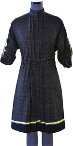 Front view of hanger shoot of Double Belt Pleated overcoat with black and golden stripes designed by Khumanthem Atelier