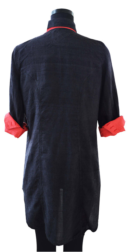 Back view of hanger shoot of Reversible Black and Red Shirt Dress made from handwoven mulberry silk designed by Khumanthem Atelier