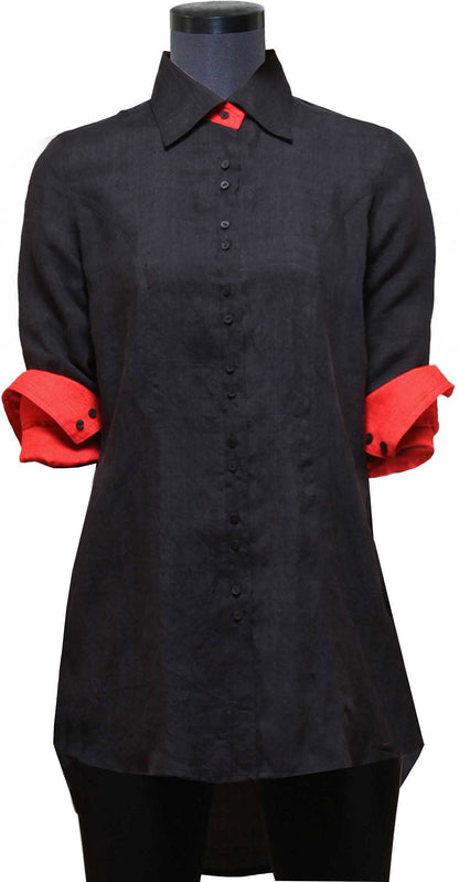 Front view of hanger shoot of Reversible Black and Red Shirt Dress made from handwoven mulberry silk designed by Khumanthem Atelier