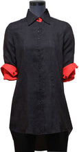 Load image into Gallery viewer, Front view of hanger shoot of Reversible Black and Red Shirt Dress made from handwoven mulberry silk designed by Khumanthem Atelier