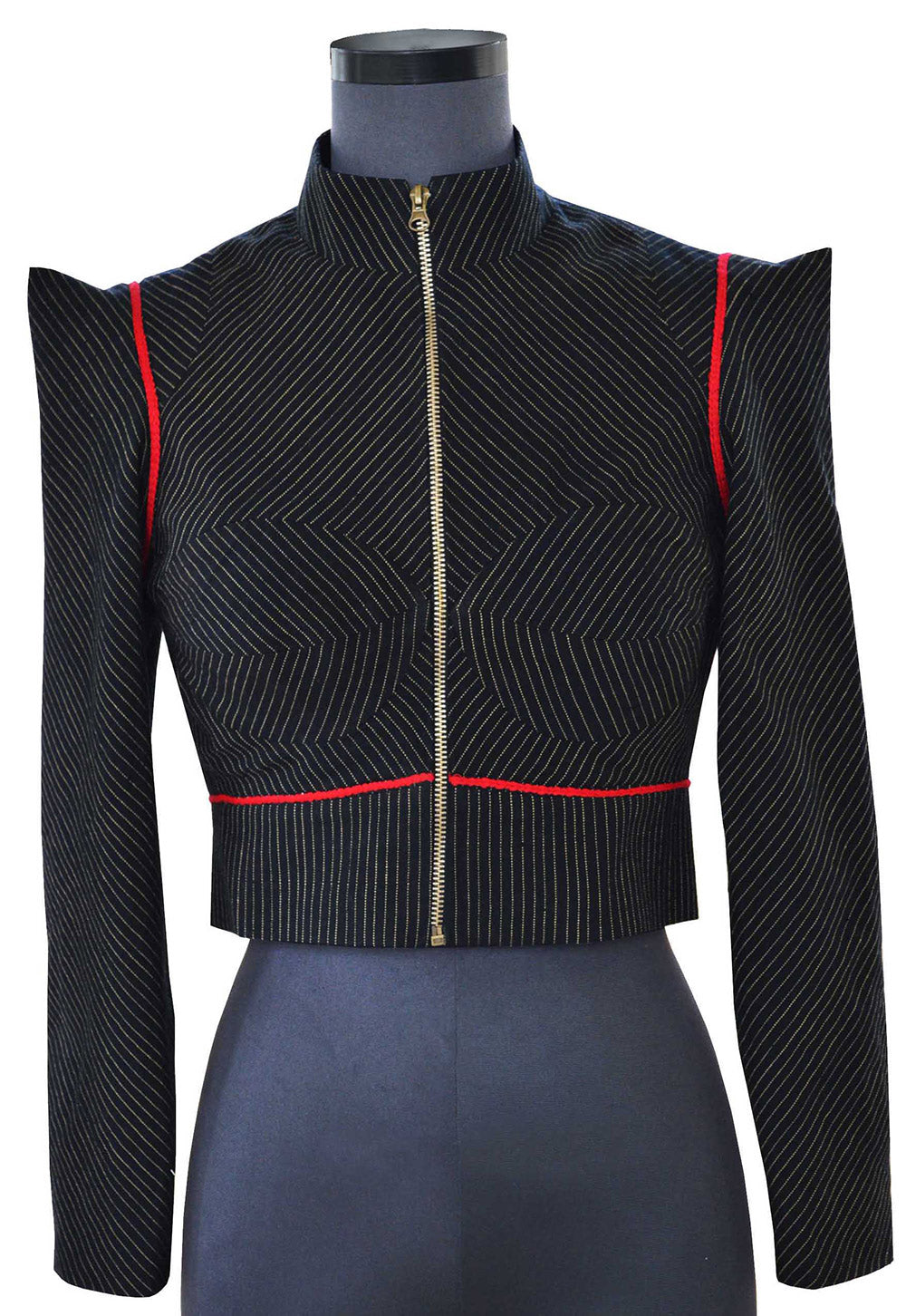 Front view Cropped Pinstripe Jacket, handwoven