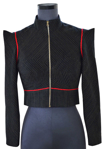 Front view Cropped Pinstripe Jacket, handwoven