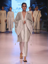 Load image into Gallery viewer, Ramp walk front view of model wearing Handwoven Kimono Sleeve Coat, made from cotton, designed by Khumanthem Atelier, during Lakme Fashion Week, 2018