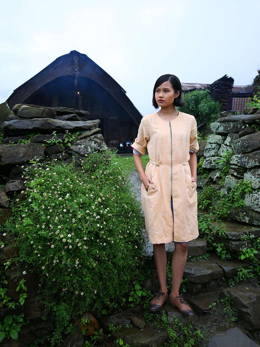 Handwoven diamond weave coat dress with front flap pockets, designed by Khumanthem Atelier