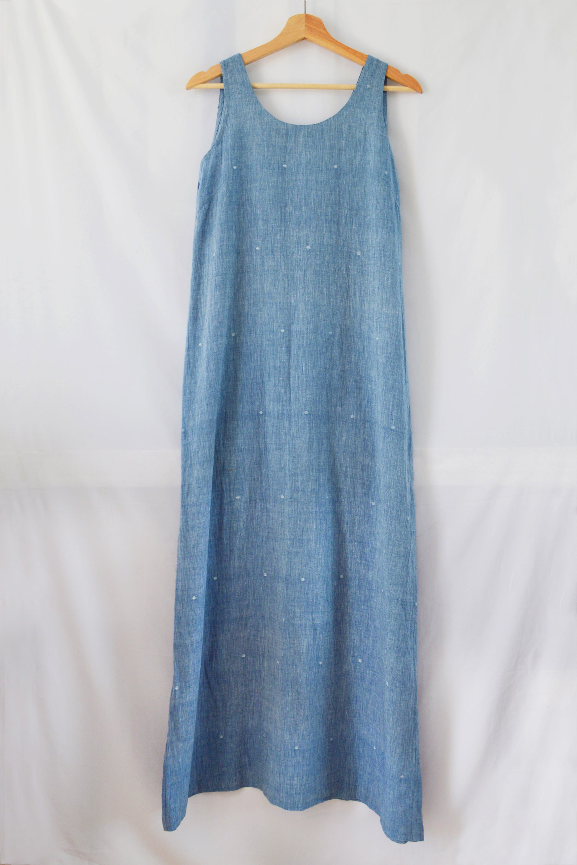 Front view of hanger shoot of Handwoven straight cotton maxi dress with dots