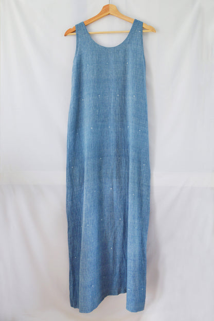 Back view of hanger shoot of Handwoven straight cotton maxi dress with dots