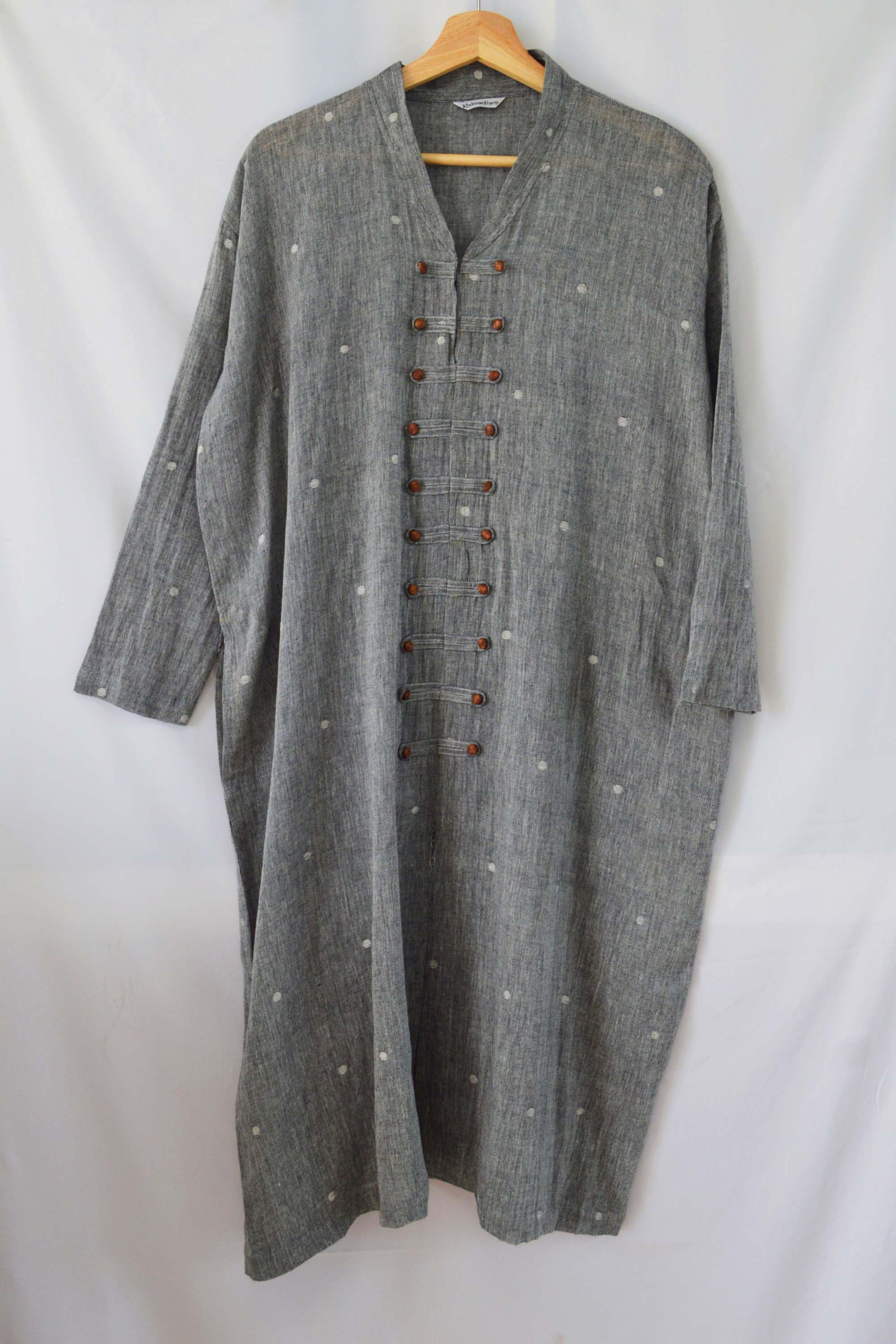 hanger shoot Handwoven Cotton Tunic Dress- Cheongsam inspired, designed by Khumanthem Atelier, front view