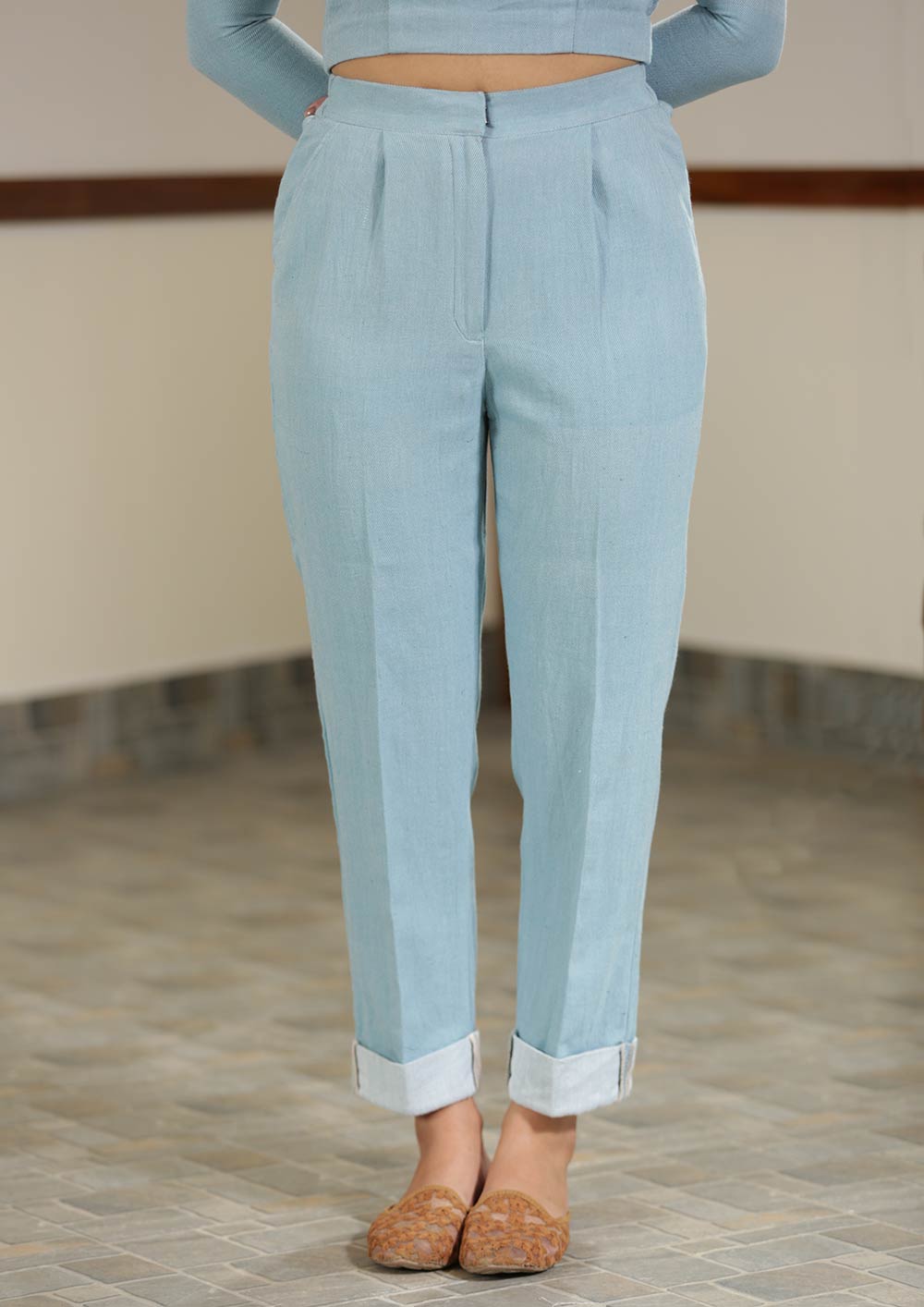 Linen Club Studio Men's Linen Green Checks Mid-Rise Slim Fit Trouser
