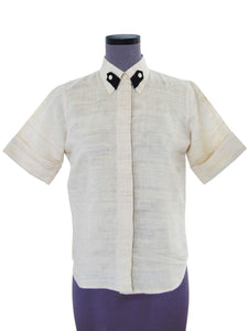 Front view of Handwoven Silk shirt with contrast tab collar designed by Khumanthem Atelier