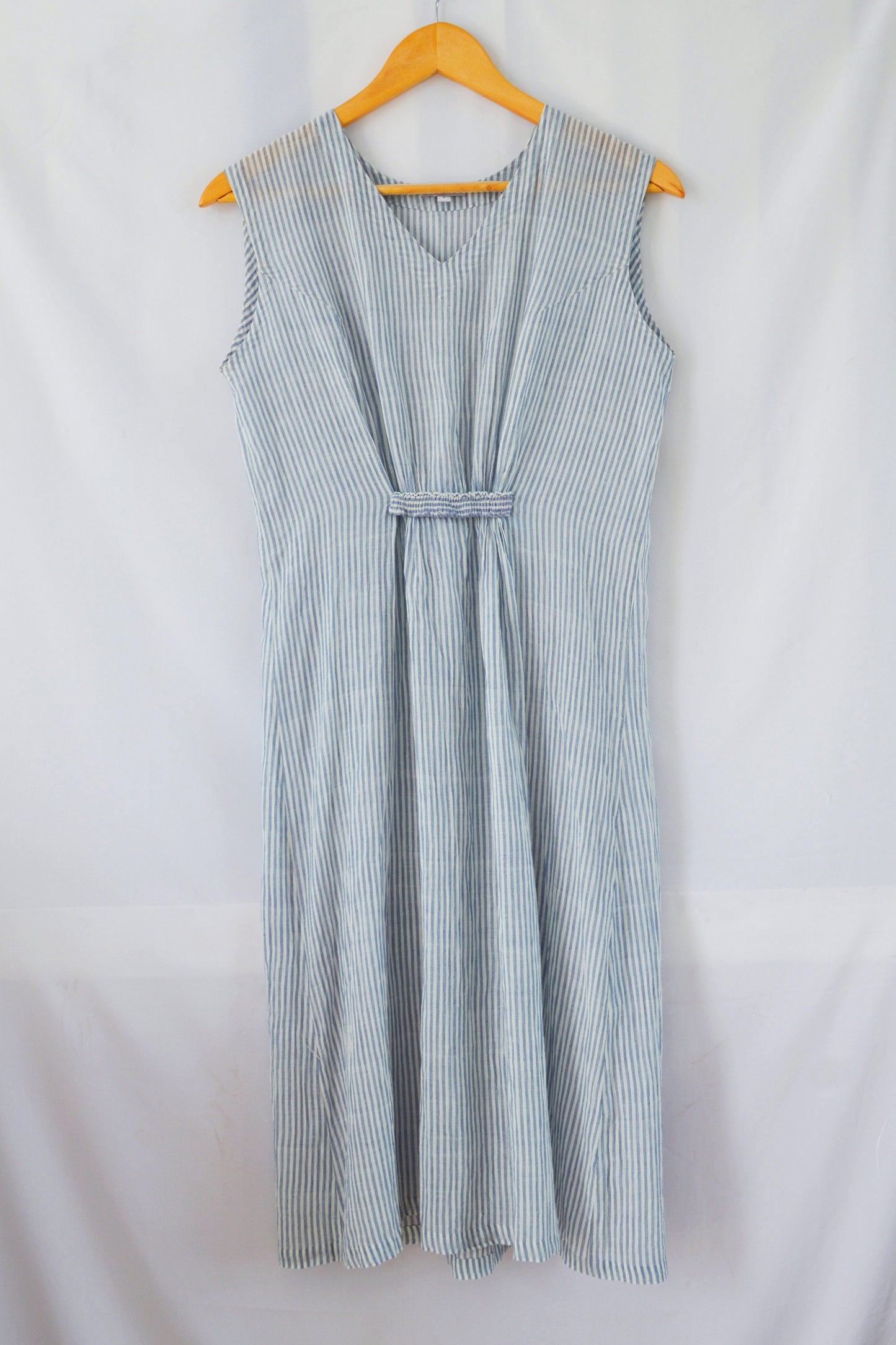 Hanger shoot Handwoven Sleeveless Cotton Tunic with gathered front Dress, designed by Khumanthem Atelier, front view