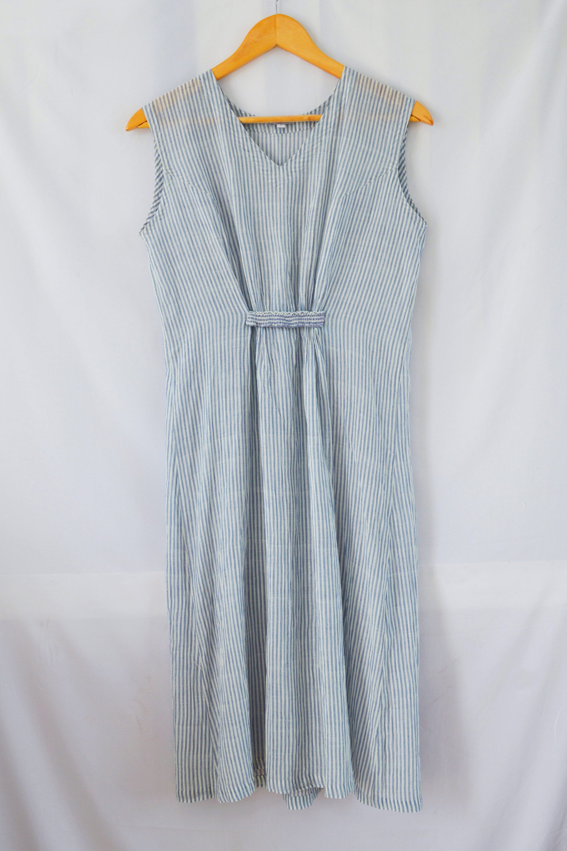 Hanger shoot Handwoven Sleeveless Cotton Tunic with gathered front Dress, designed by Khumanthem Atelier, front view