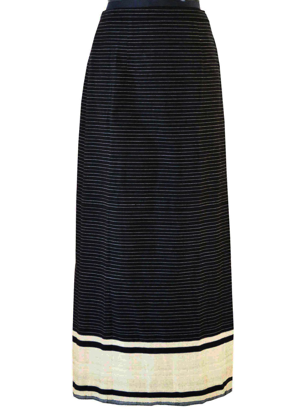 Front view of Handwoven Pinstripe wrap-around skirt inspired by traditional Meitei attire designed by Khumanthem Atelier